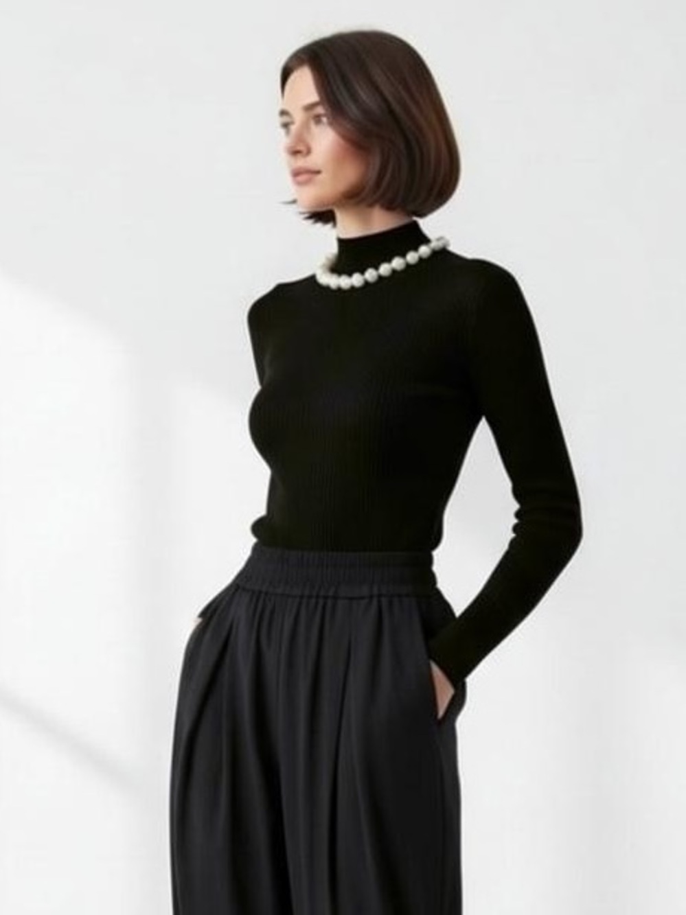 1653 • Black Viscose Blend Ribbed Long Sleeve Mock Neck w/Pearl Strand Detail